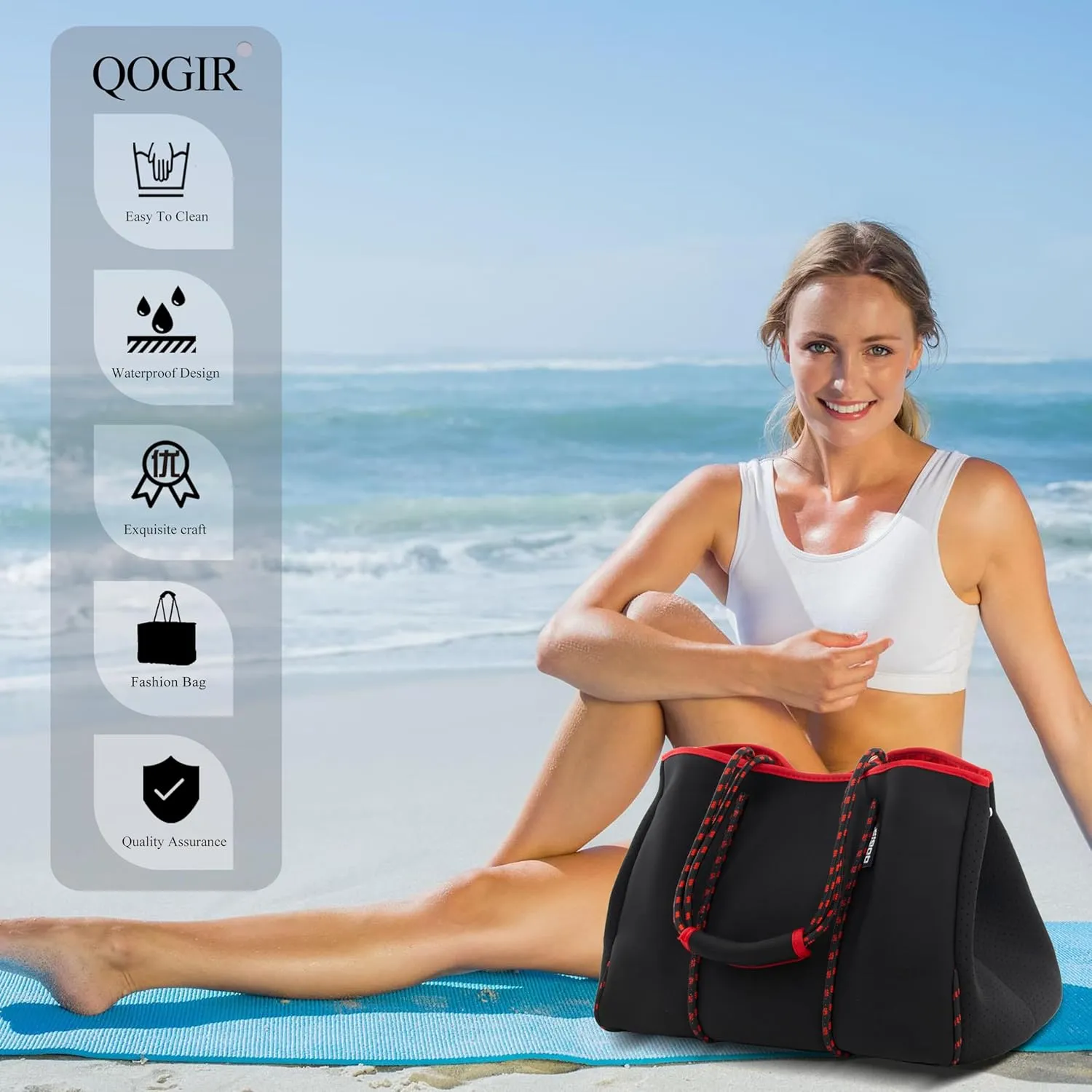 QOGiR Neoprene Multipurpose Beach Bag Tote with Inner Zipper Pocket    