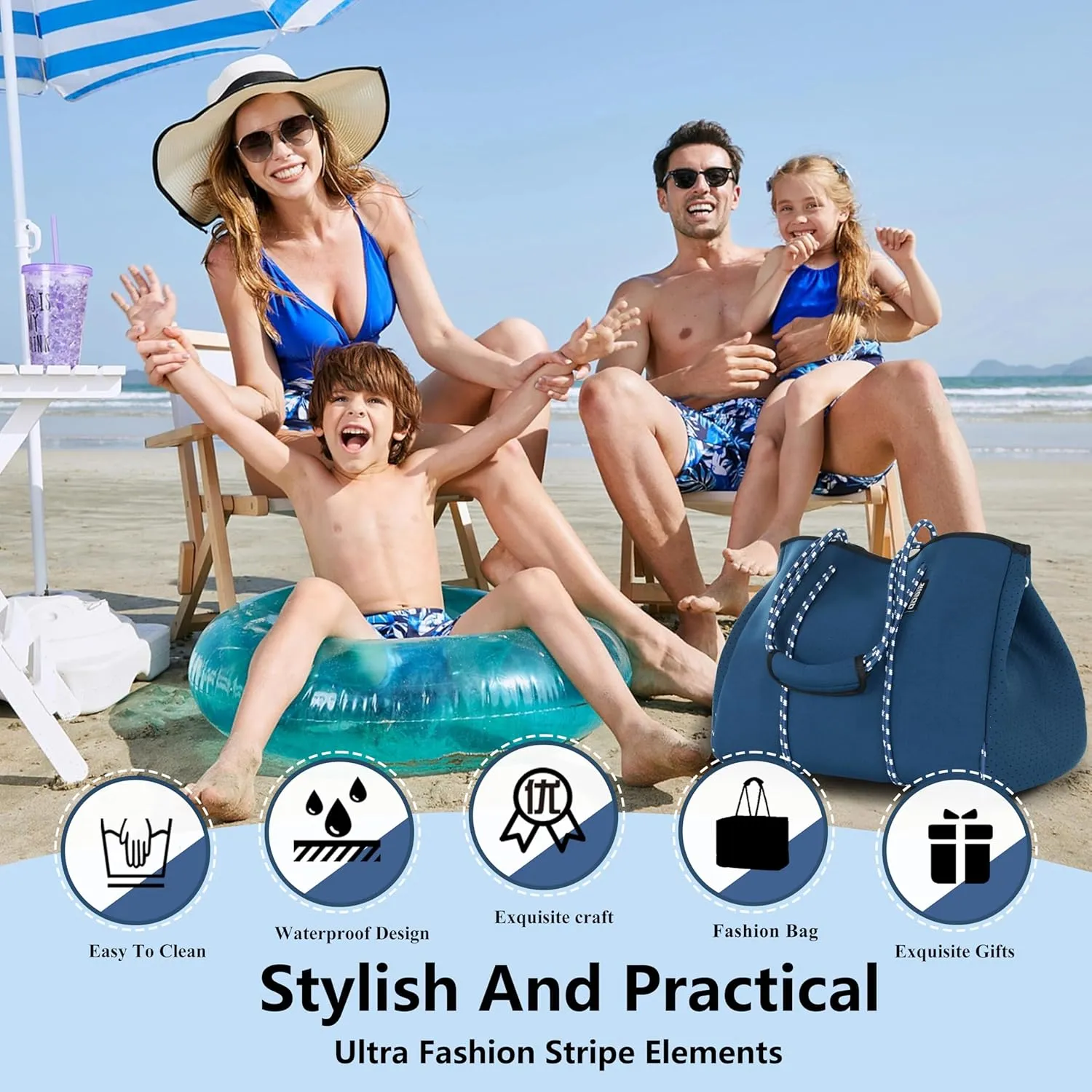 QOGiR Neoprene Multipurpose Beach Bag Tote with Inner Zipper Pocket    