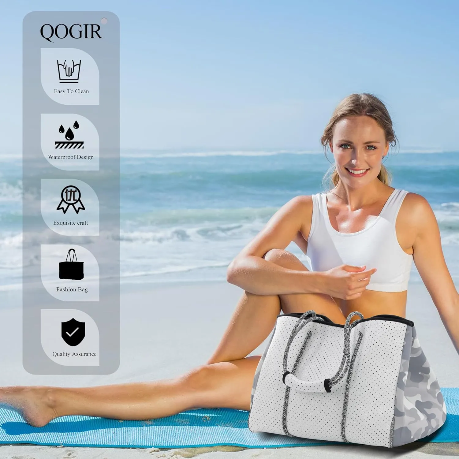 QOGiR Neoprene Multipurpose Beach Bag Tote with Inner Zipper Pocket    