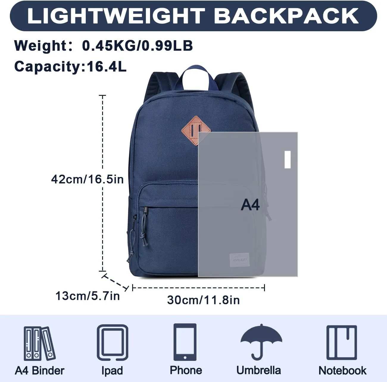 RAVUO School Backpack, Lightweight Classic Bookbag Casual Daypack for Men Women