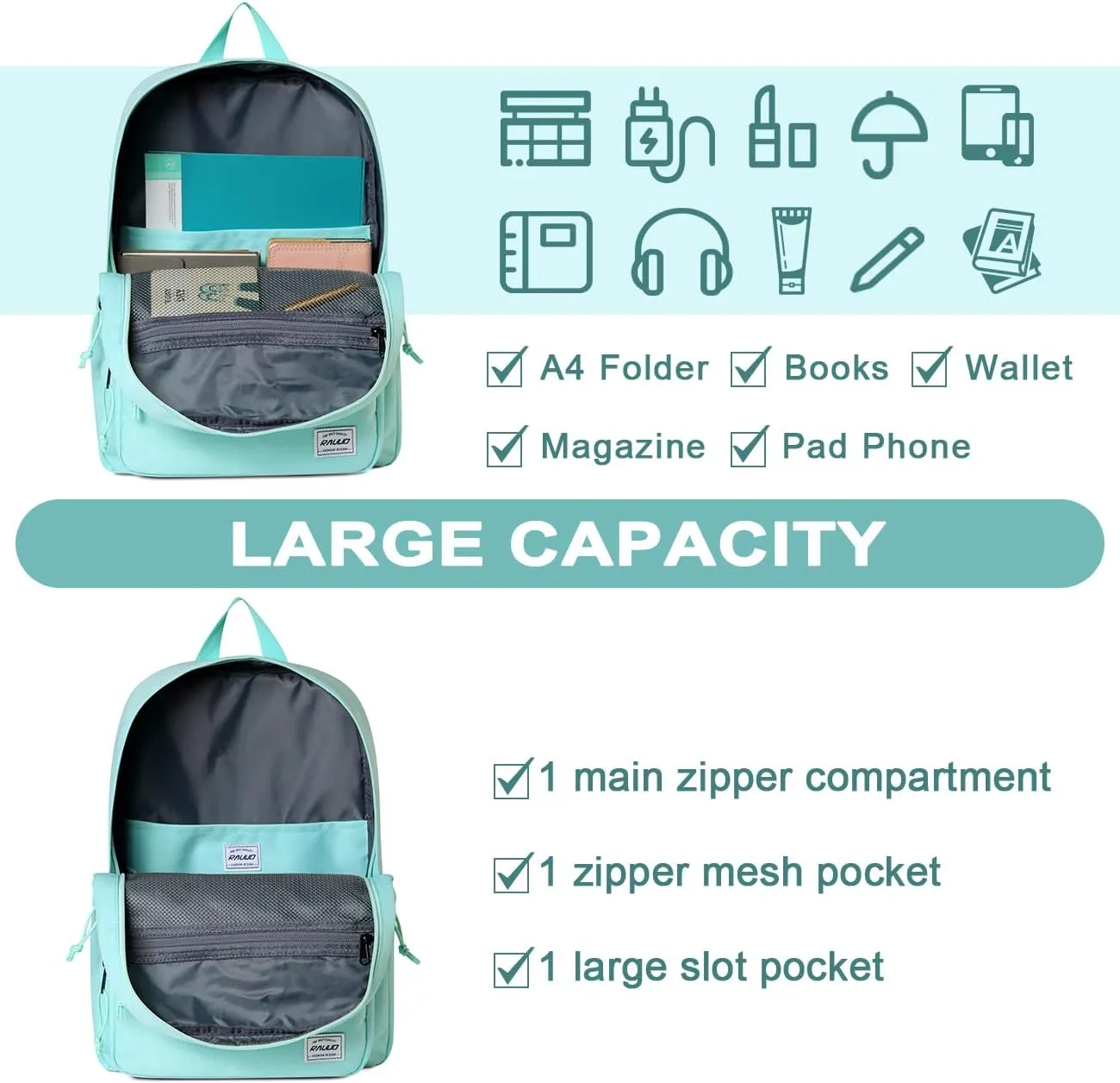 RAVUO School Backpack, Lightweight Classic Bookbag Casual Daypack for Men Women