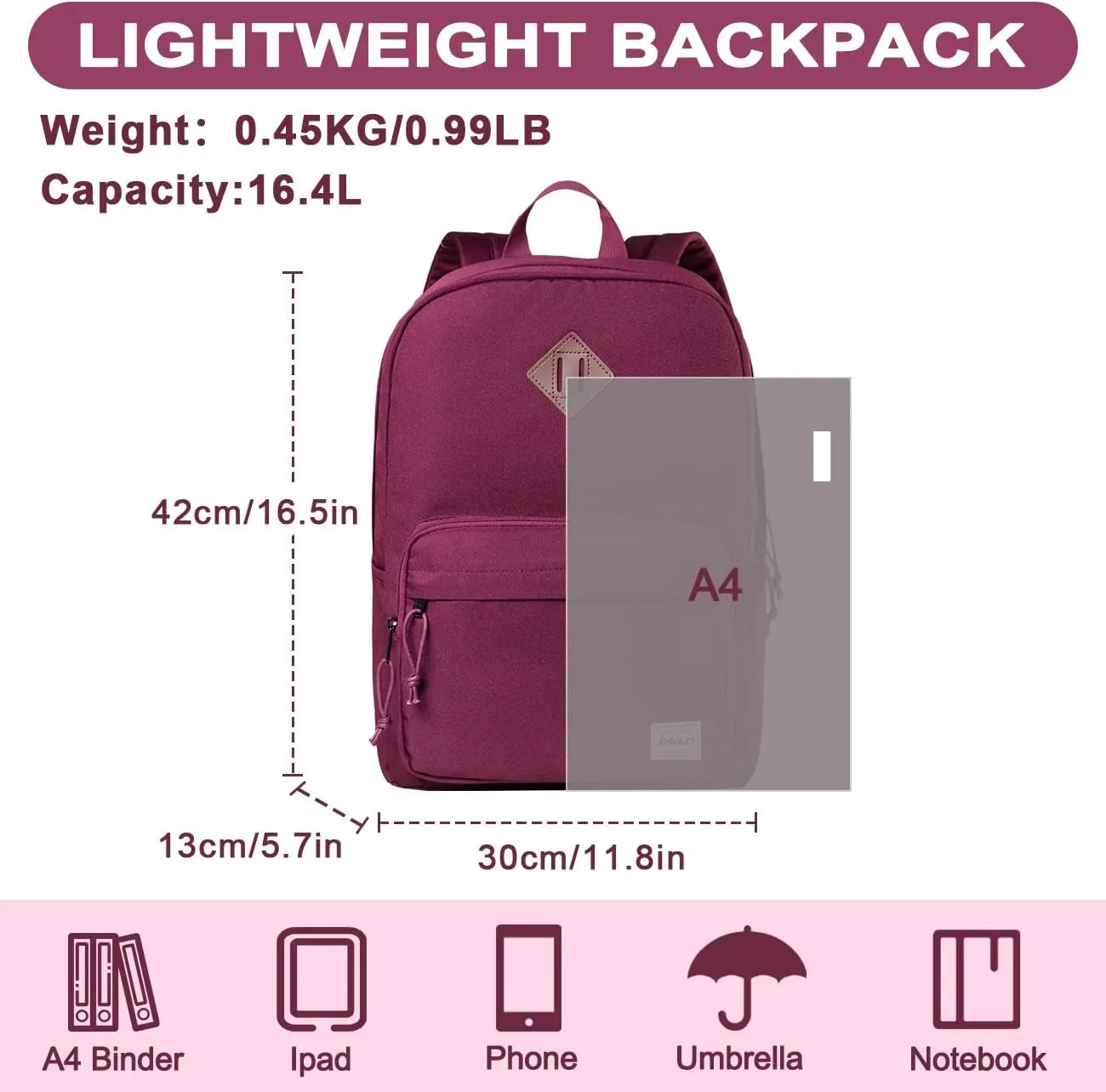 RAVUO School Backpack, Lightweight Classic Bookbag Casual Daypack for Men Women
