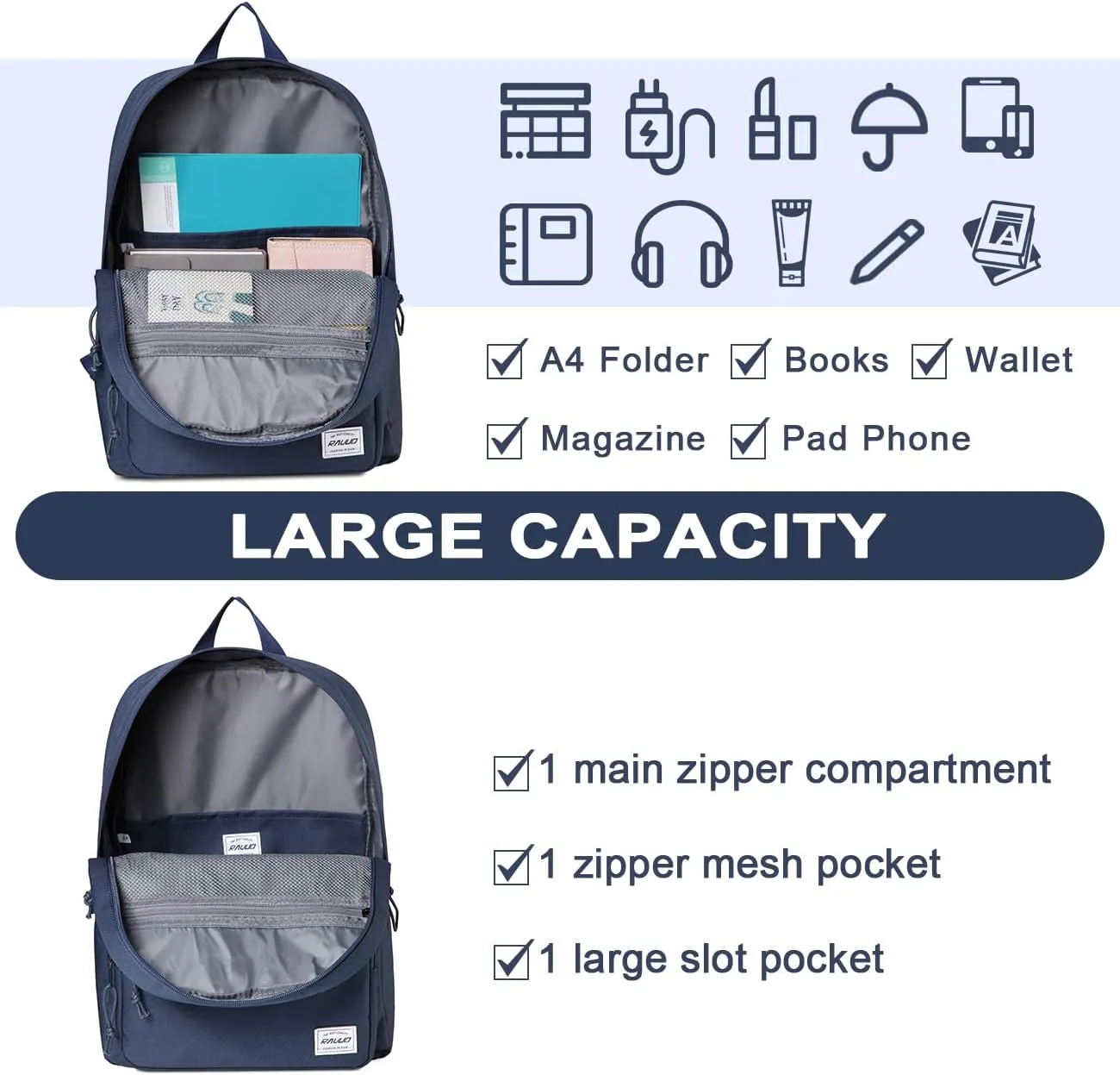 RAVUO School Backpack, Lightweight Classic Bookbag Casual Daypack for Men Women