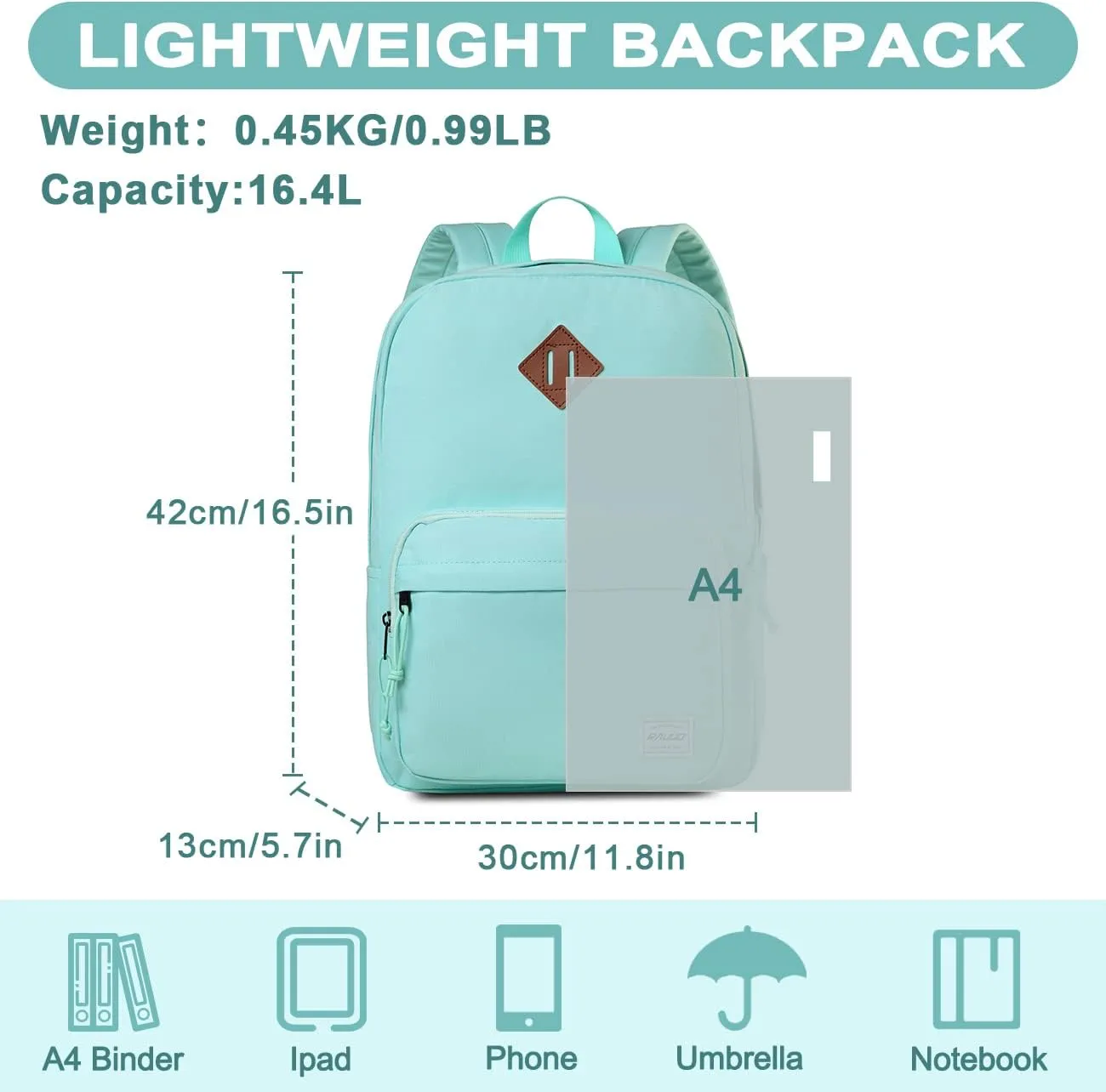 RAVUO School Backpack, Lightweight Classic Bookbag Casual Daypack for Men Women