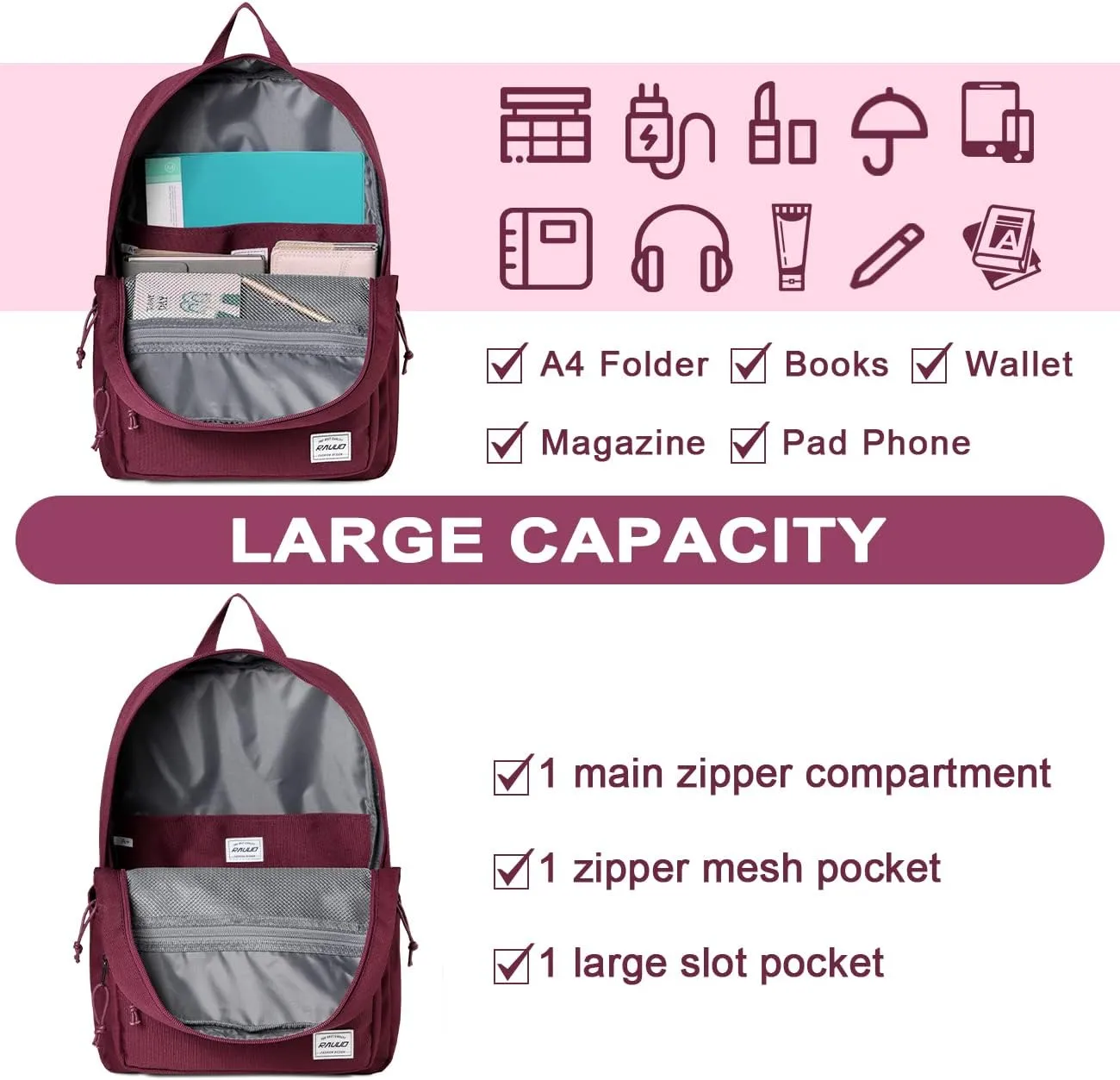 RAVUO School Backpack, Lightweight Classic Bookbag Casual Daypack for Men Women