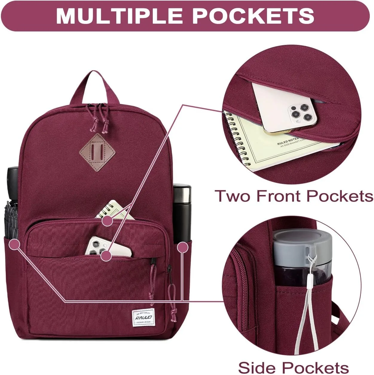 RAVUO School Backpack, Lightweight Classic Bookbag Casual Daypack for Men Women
