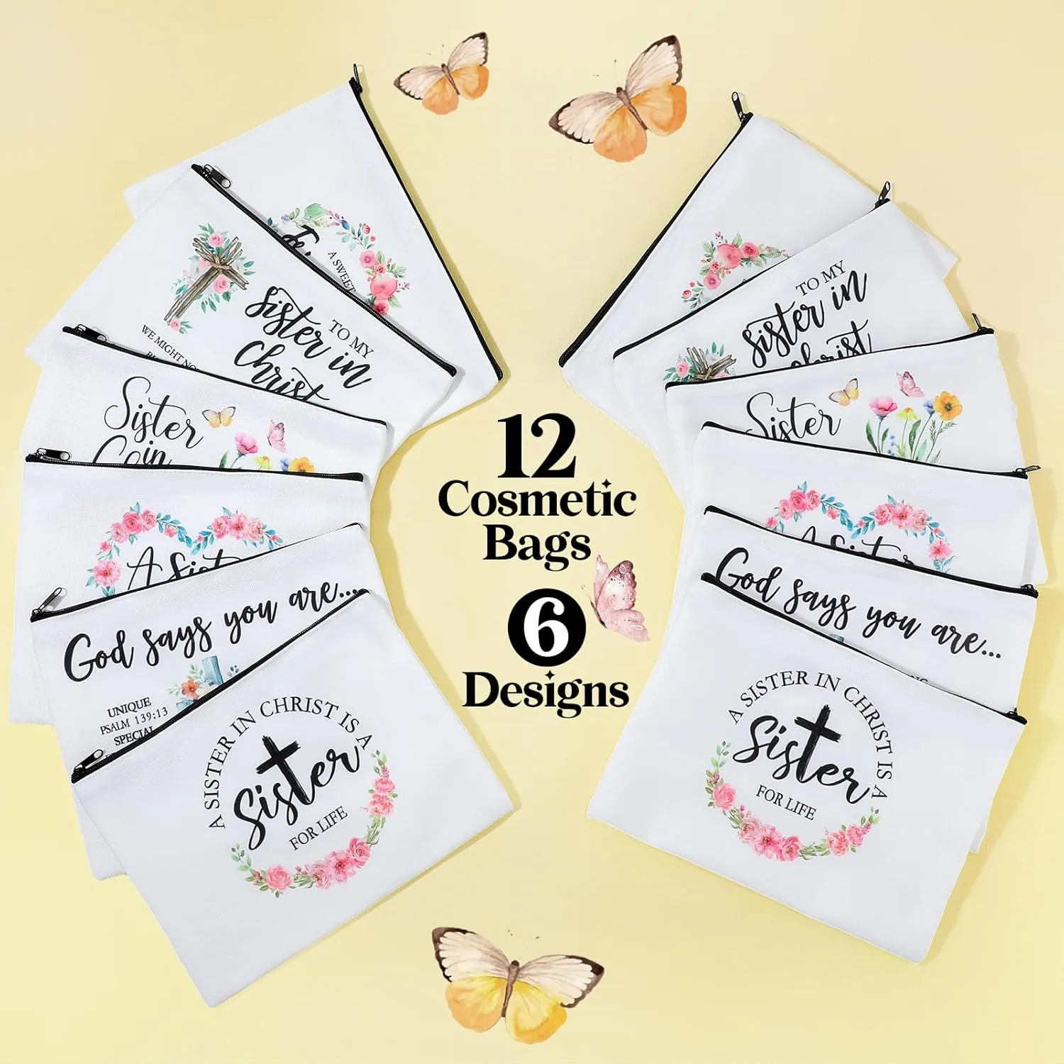 Reginary 12 Pieces Sisters in Christ Makeup Bags Christian Gifts for Women Christian Secret Sister Cosmetic Bags Inspirational Religious Valentine Mother's Day Birthday Gift for Best Friends
