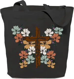 SAUIVD Faith Cross Unique Bright Colour Flowers Cotton Canvas Tote Bag Gift Graphic Casual Handbag Reusable Grocery Bag
