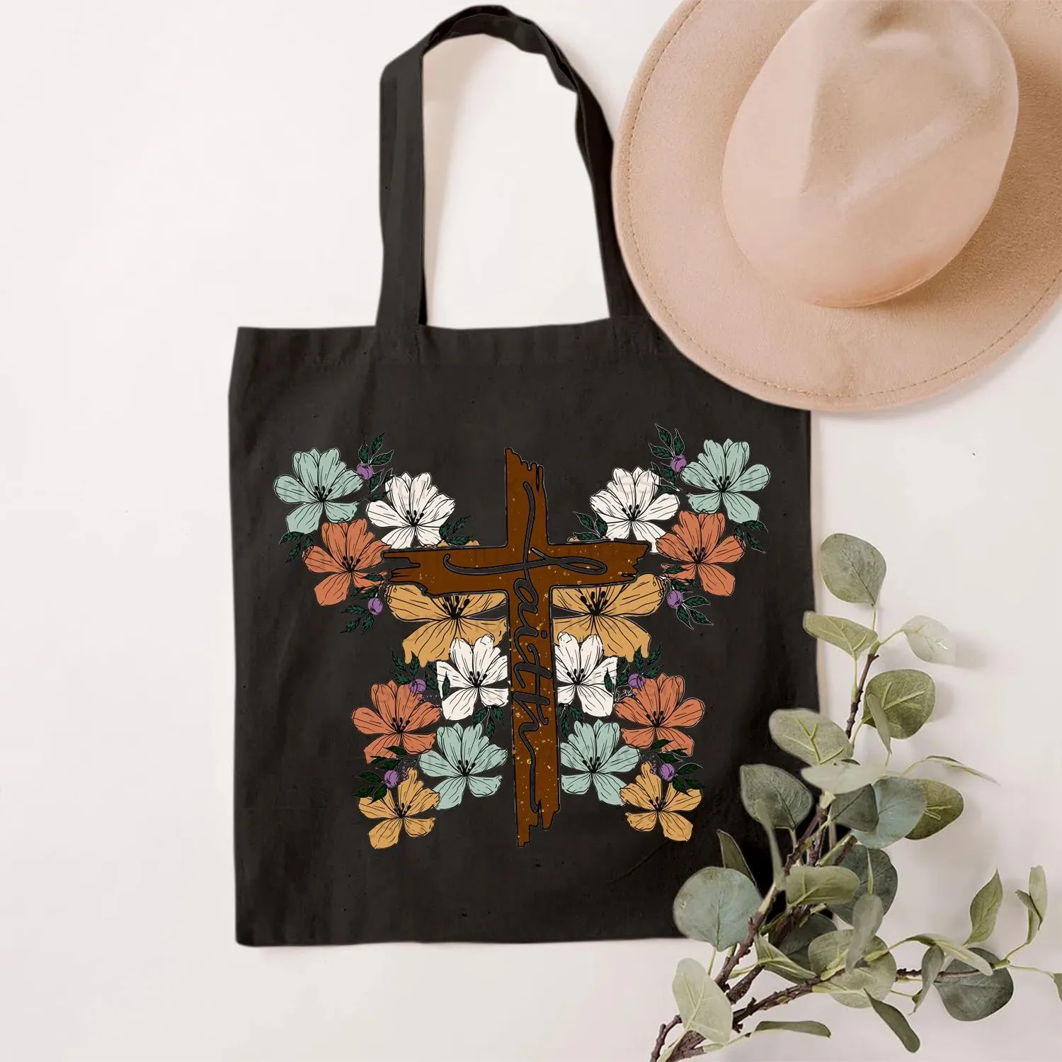SAUIVD Faith Cross Unique Bright Colour Flowers Cotton Canvas Tote Bag Gift Graphic Casual Handbag Reusable Grocery Bag