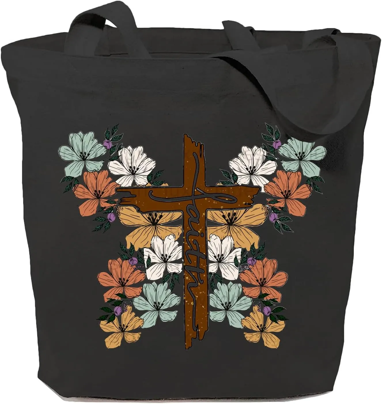 SAUIVD Faith Cross Unique Bright Colour Flowers Cotton Canvas Tote Bag Gift Graphic Casual Handbag Reusable Grocery Bag