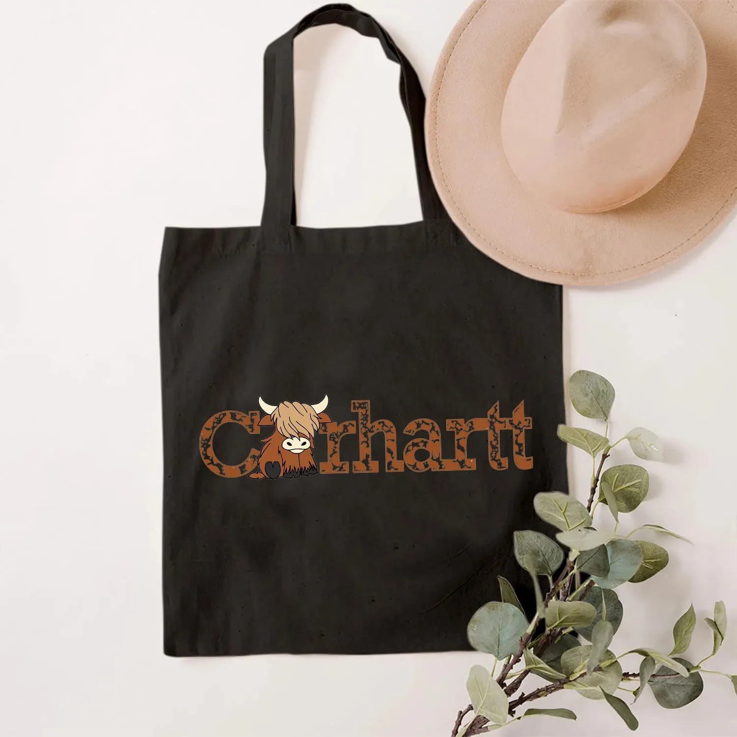 SAUIVD Women's Funny CarHartts Canvas Tote Bag Cute Cow Letter Print Casual Reusable Grocery Shopping Canvas Bags