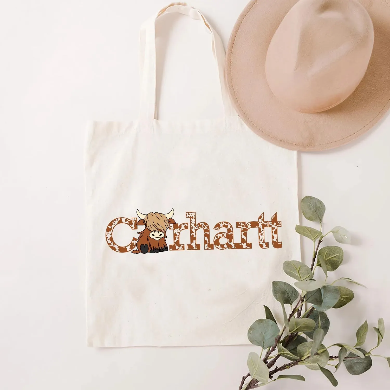 SAUIVD Women's Funny CarHartts Canvas Tote Bag Cute Cow Letter Print Casual Reusable Grocery Shopping Canvas Bags