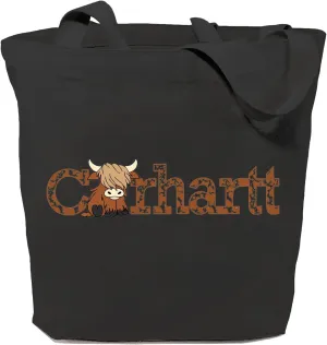 SAUIVD Women's Funny CarHartts Canvas Tote Bag Cute Cow Letter Print Casual Reusable Grocery Shopping Canvas Bags