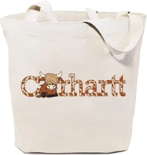 SAUIVD Women's Funny CarHartts Canvas Tote Bag Cute Cow Letter Print Casual Reusable Grocery Shopping Canvas Bags