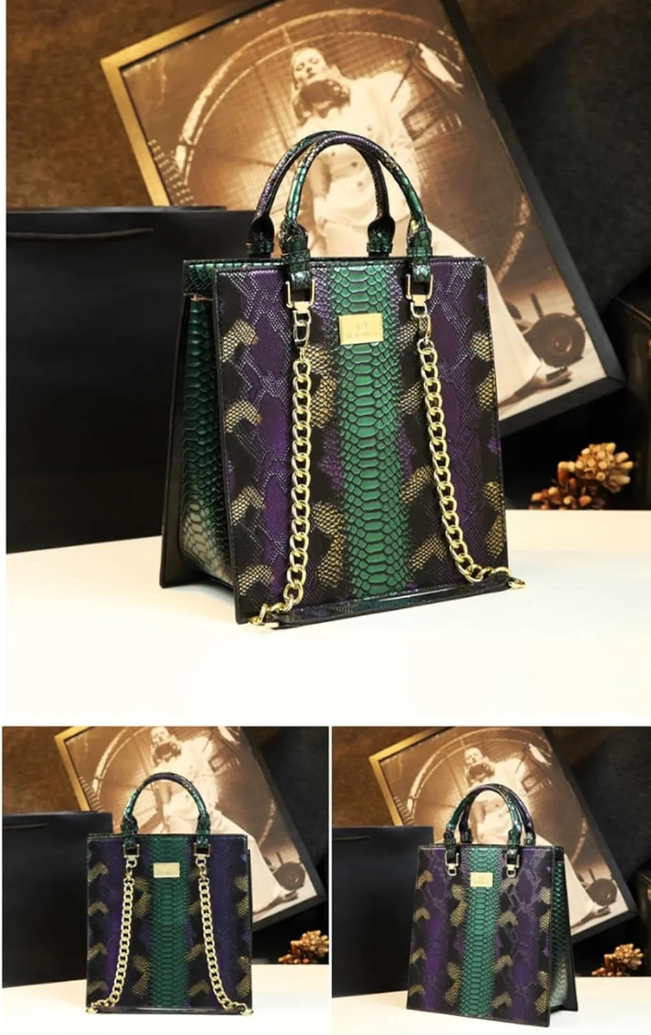 Serpentine Leather Women's Bag Top Handle Satchel Handbags Vertical style Chain Bag Tassel Purses Shoulder Bags