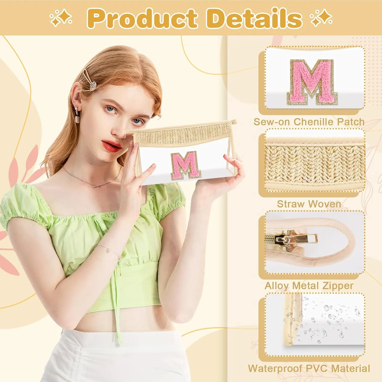 Small Boho Straw Initial Letter Makeup Bag Personalized Gift ,Cute Clear Chenille Patch Makeup Bag With Zipper,Trendy TSA Approved Travel Toiletry Bag,Gift for Women Girls Birthday Friend, Letter M