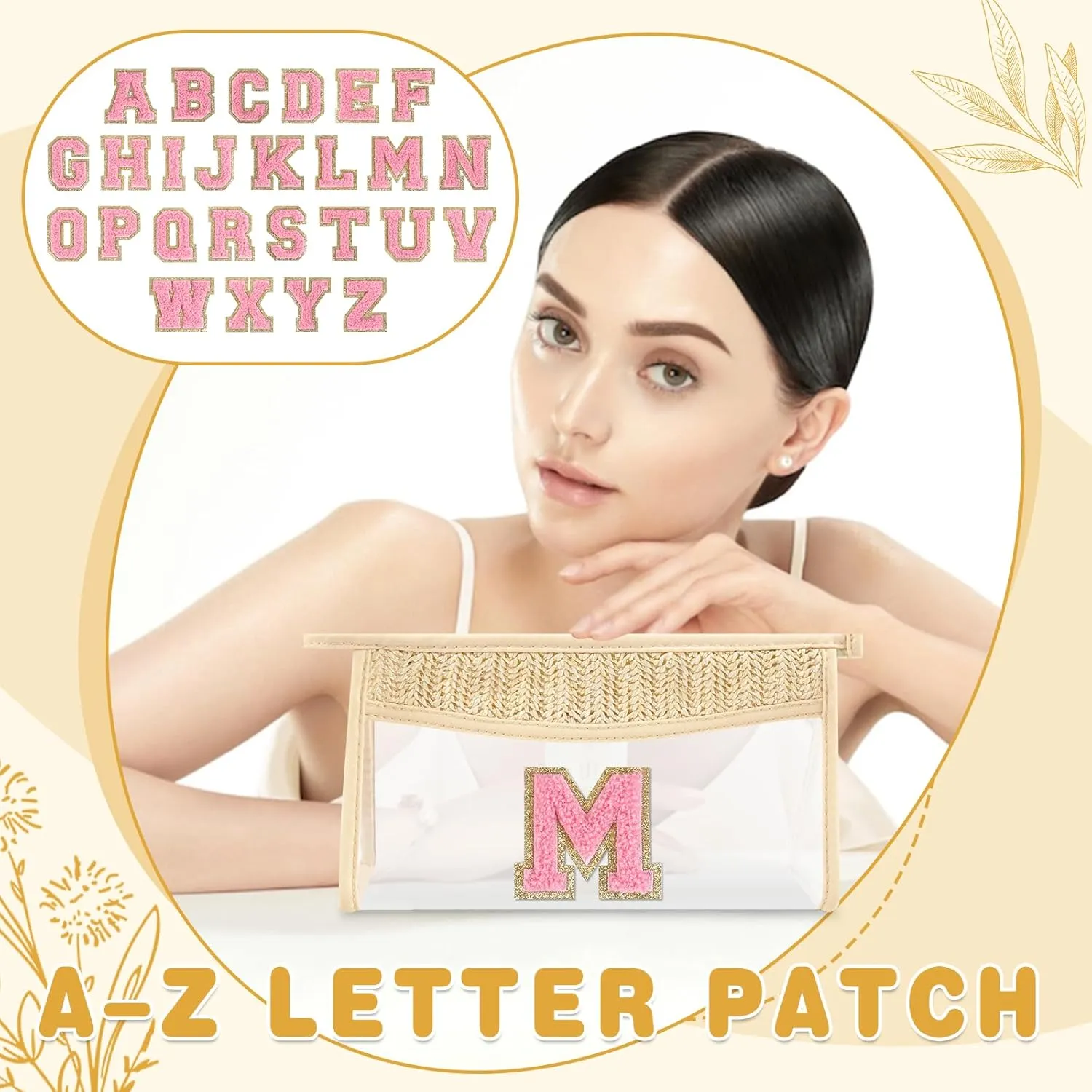 Small Boho Straw Initial Letter Makeup Bag Personalized Gift ,Cute Clear Chenille Patch Makeup Bag With Zipper,Trendy TSA Approved Travel Toiletry Bag,Gift for Women Girls Birthday Friend, Letter M