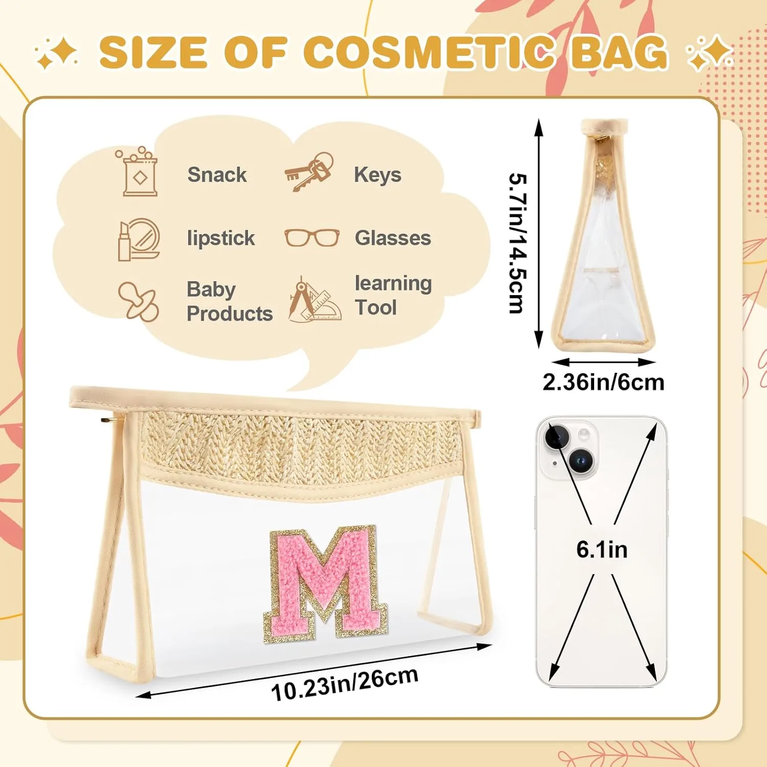 Small Boho Straw Initial Letter Makeup Bag Personalized Gift ,Cute Clear Chenille Patch Makeup Bag With Zipper,Trendy TSA Approved Travel Toiletry Bag,Gift for Women Girls Birthday Friend, Letter M