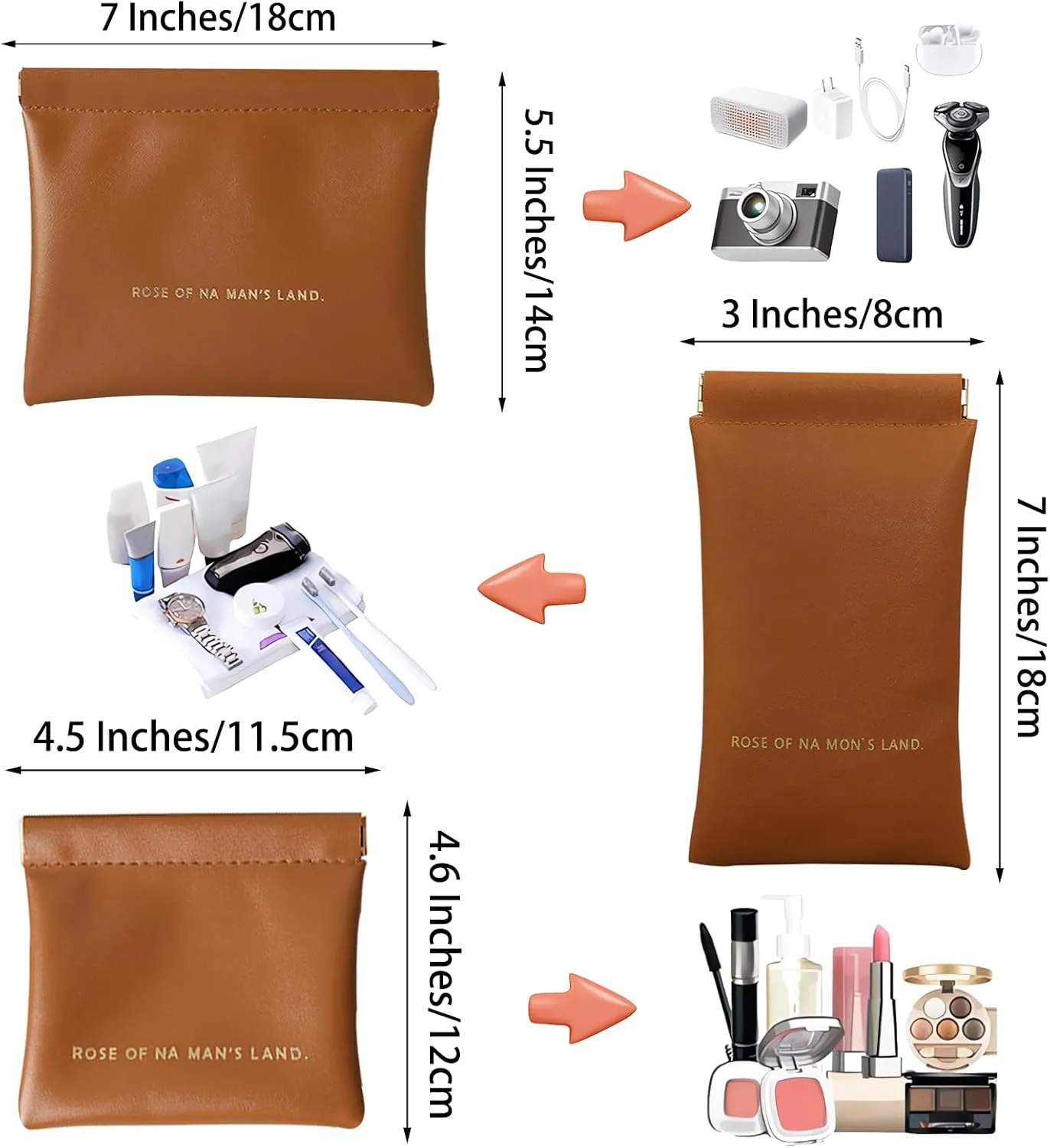 Small Purse Makeup Bag for Women,Elastic Open Close Storage Bag Mini Travel Storage Bag,Waterproof Organizer Pouch for Lipstick Cosmetics Headphones Jewelry,3 Pieces,Brown