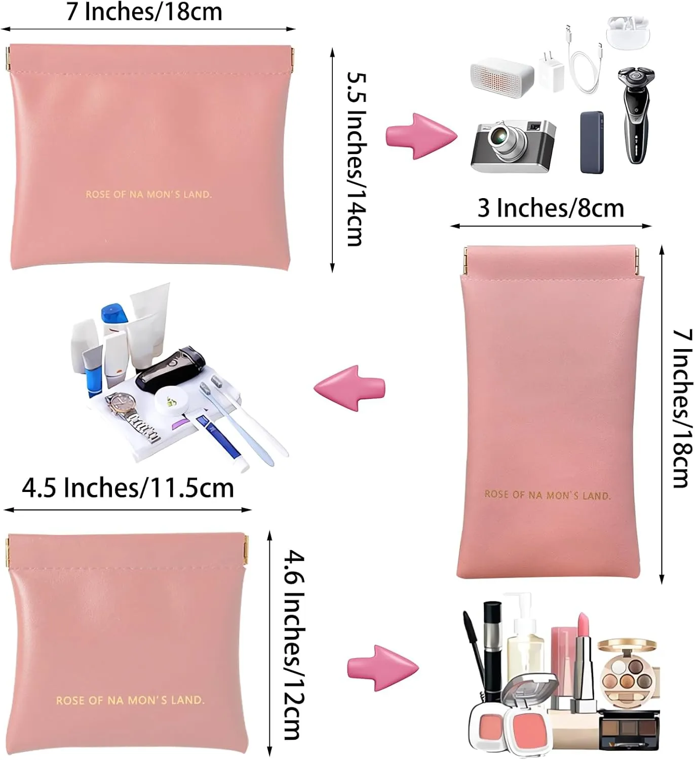 Small Purse Makeup Bag for Women,Elastic Open Close Storage Bag Mini Travel Storage Bag,Waterproof Organizer Pouch for Lipstick Cosmetics Headphones Jewelry,3 Pieces,Pink