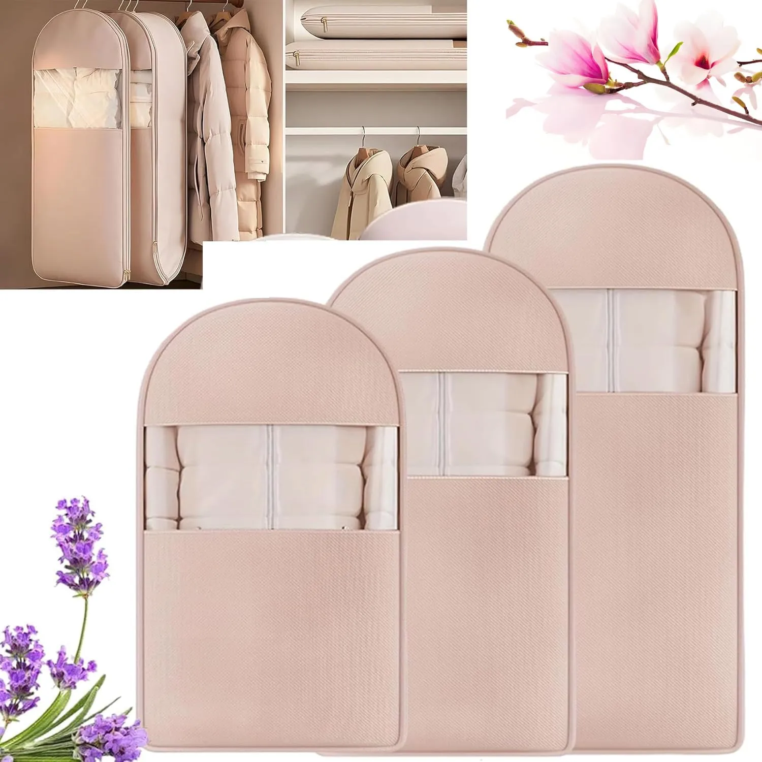 Space Saving Hanging Garment Bag With Self Compression Zipper,Dustproof Clothes Storage,2025 New for Down Coats, Winter Jackets | Thick Closet Organizer Storage & Space Saver Bags (pink)