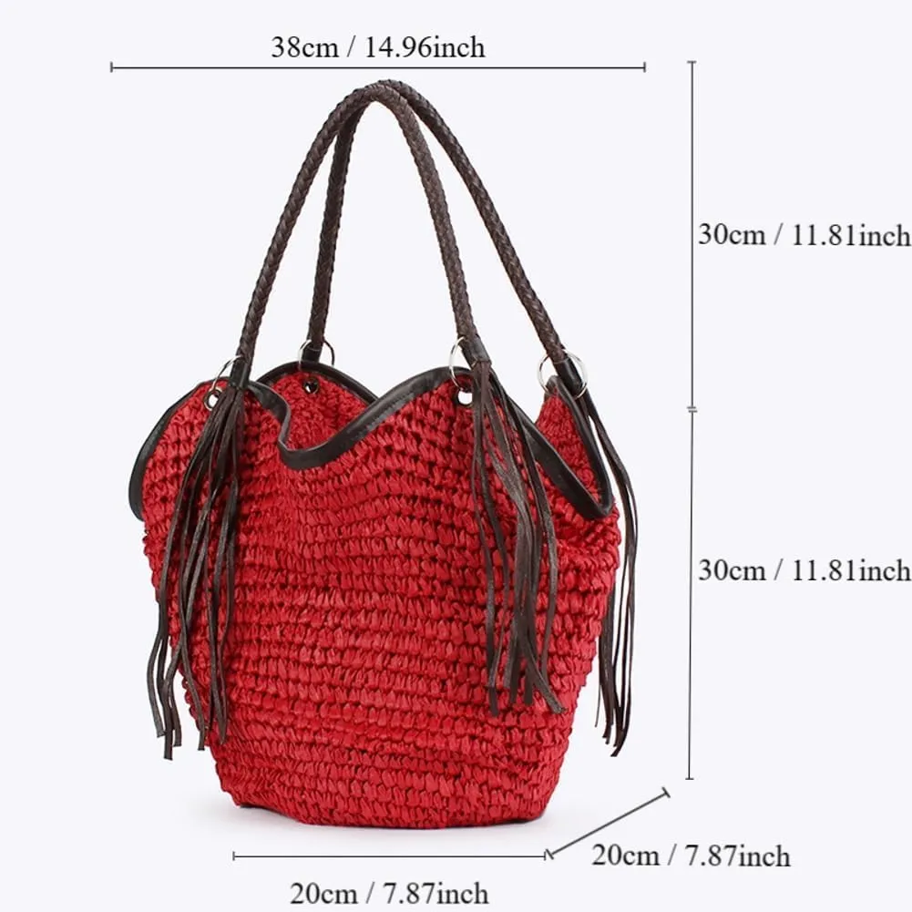 Straw Bag for Women Large Handwoven Bucket Tote with Tassel Purse Summer Beach Handbag Woven Boho Shoulder hobo bag