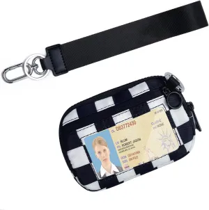 Stylish Wallet Zip Card with ID Window Purses for Women-Mini Portable Functional Coin Purse with Zipper,Cute Compact Checkered Wristlet Keychain Wallet Ideal for Teen Girl Sports (Black and white)
