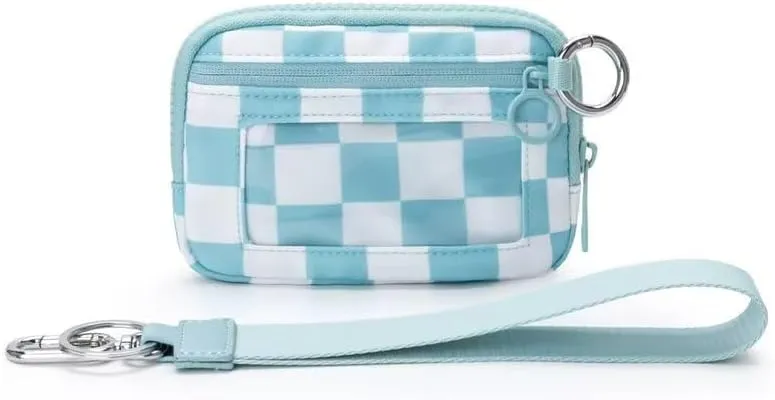 Stylish Wallet Zip Card with ID Window Purses for Women-Mini Portable Functional Coin Purse with Zipper,Cute Compact Checkered Wristlet Keychain Wallet Ideal for Teen Girl Sports (Blue and white)