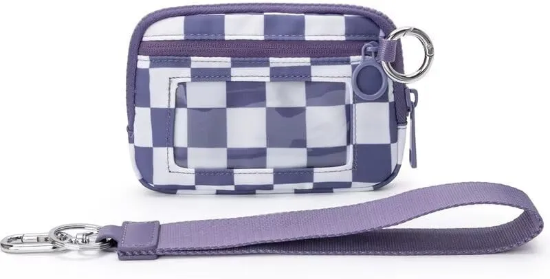 Stylish Wallet Zip Card with ID Window Purses for Women-Mini Portable Functional Coin Purse with Zipper,Cute Compact Checkered Wristlet Keychain Wallet Ideal for Teen Girl Sports (Blue and White)