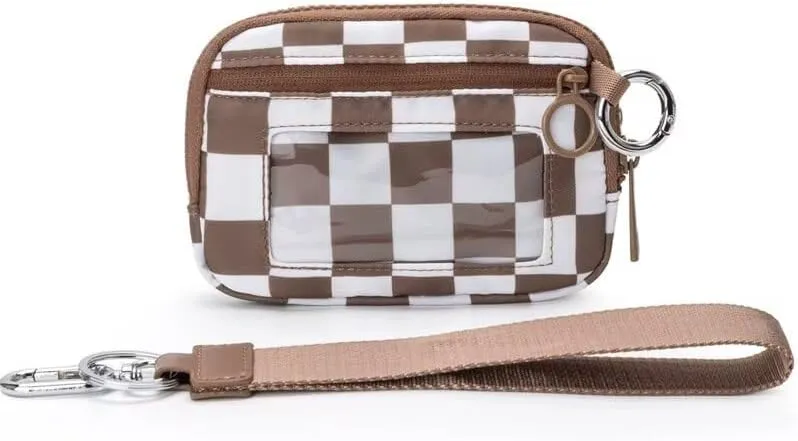 Stylish Wallet Zip Card with ID Window Purses for Women-Mini Portable Functional Coin Purse with Zipper,Cute Compact Checkered Wristlet Keychain Wallet Ideal for Teen Girl Sports (Coffee white)