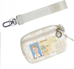 Stylish Wallet Zip Card with ID Window Purses for Women-Mini Portable Functional Coin Purse with Zipper,Cute Compact Checkered Wristlet Keychain Wallet Ideal for Teen Girl Sports Outdoors(Beige)