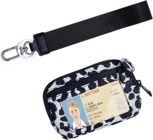 Stylish Wallet Zip Card with ID Window Purses for Women-Mini Portable Functional Coin Purse with Zipper,Cute Compact Checkered Wristlet Keychain Wallet Ideal for Teen Girl Sports Outdoors(Cow print)