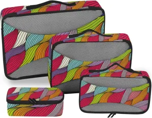 susiyo Modern Colorful Waves Pattern Packing Cubes for Travel Set of 4 Suitcase Storage Bag Clothing Sorting Organizers