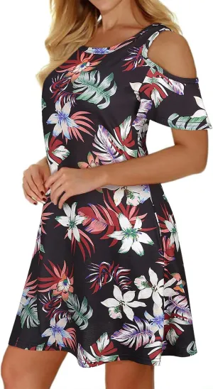 Tanst Sky Women Cold Shoulder Dress Floral Printed Short Sleeve Sundress with Pocket