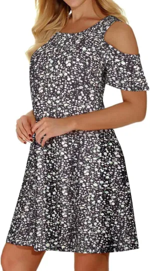 Tanst Sky Women Cold Shoulder Dress Floral Printed Short Sleeve Sundress with Pocket