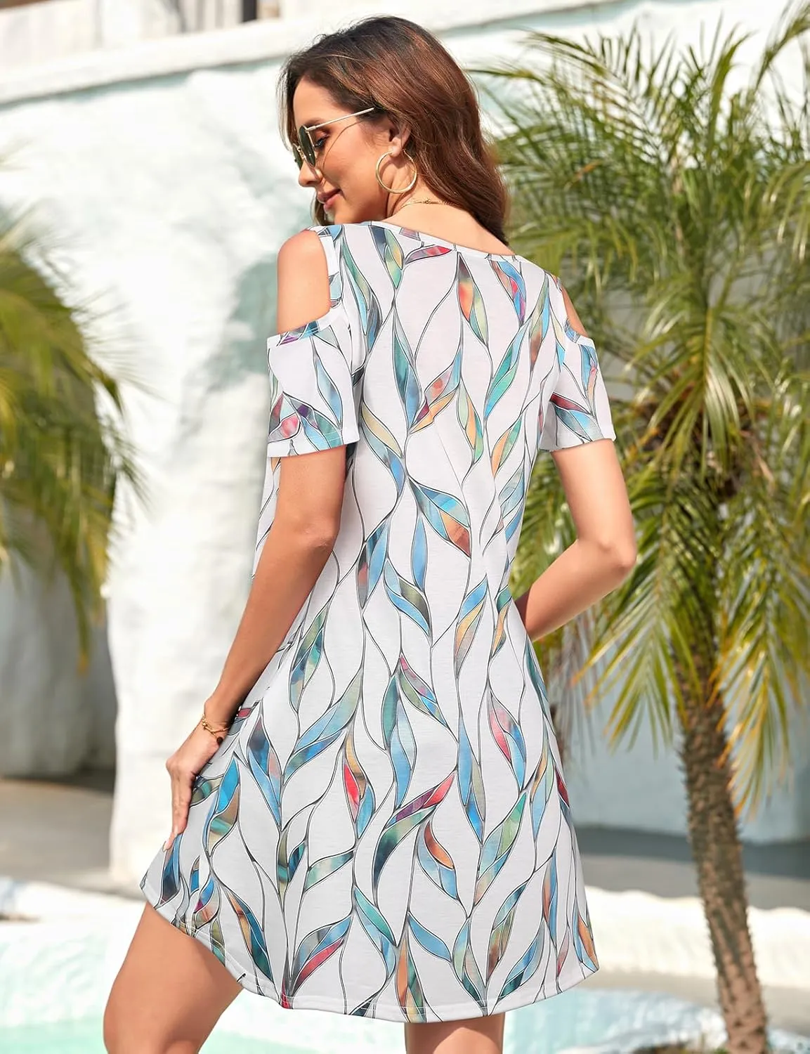 Tanst Sky Women Cold Shoulder Dress Floral Printed Short Sleeve Sundress with Pocket