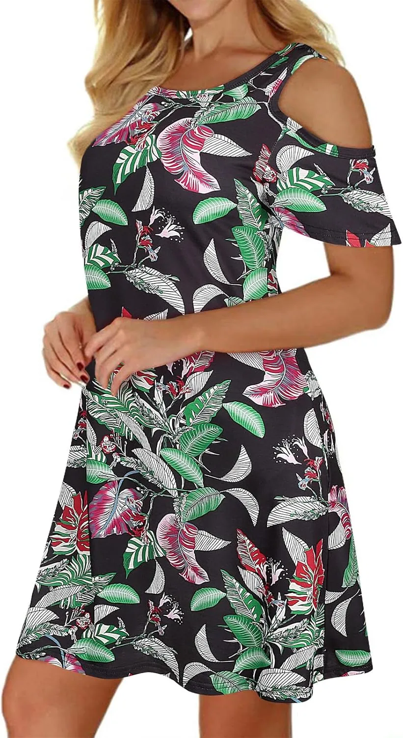 Tanst Sky Women Cold Shoulder Dress Floral Printed Short Sleeve Sundress with Pocket