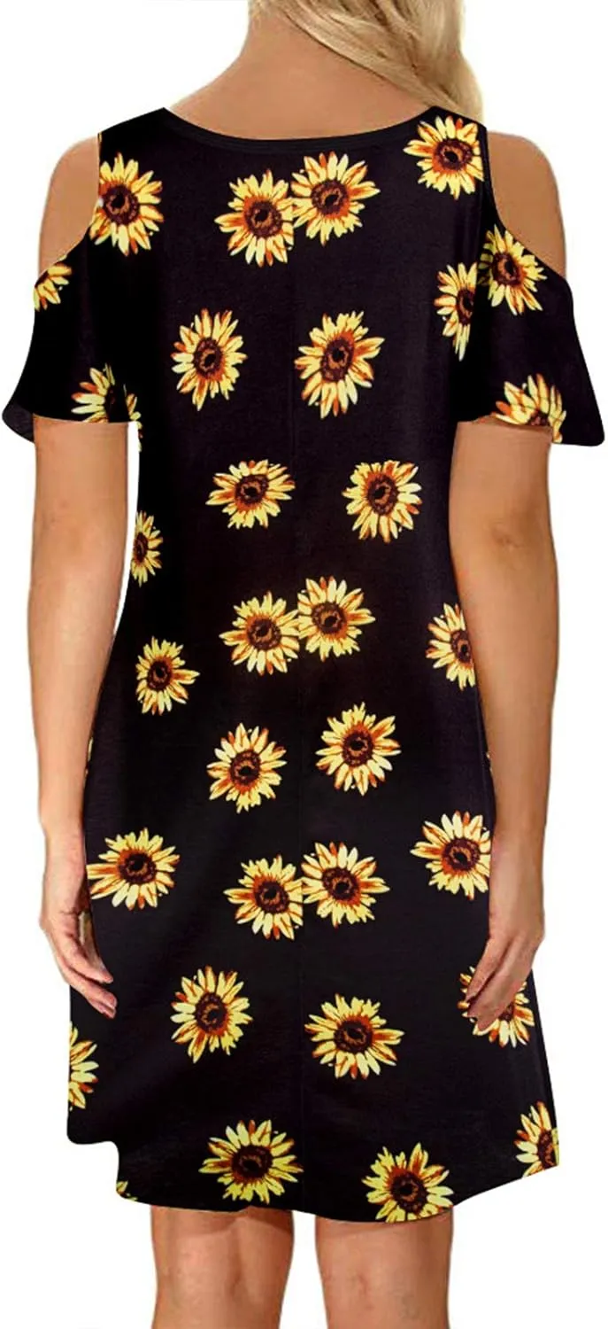 Tanst Sky Women Cold Shoulder Dress Floral Printed Short Sleeve Sundress with Pocket