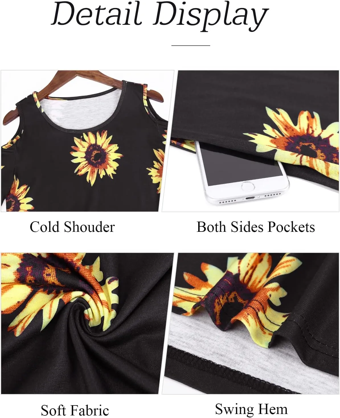 Tanst Sky Women Cold Shoulder Dress Floral Printed Short Sleeve Sundress with Pocket