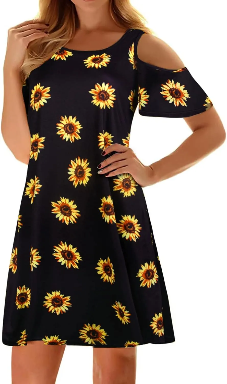 Tanst Sky Women Cold Shoulder Dress Floral Printed Short Sleeve Sundress with Pocket