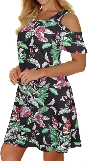 Tanst Sky Women Cold Shoulder Dress Floral Printed Short Sleeve Sundress with Pocket