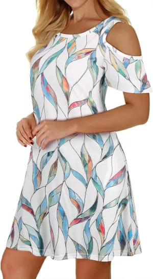 Tanst Sky Women Cold Shoulder Dress Floral Printed Short Sleeve Sundress with Pocket