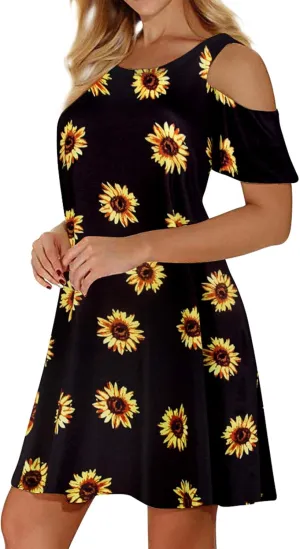 Tanst Sky Women Cold Shoulder Dress Floral Printed Short Sleeve Sundress with Pocket