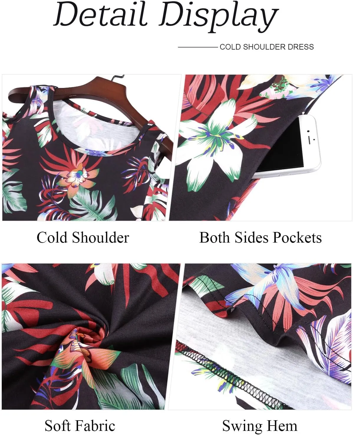 Tanst Sky Women Cold Shoulder Dress Floral Printed Short Sleeve Sundress with Pocket