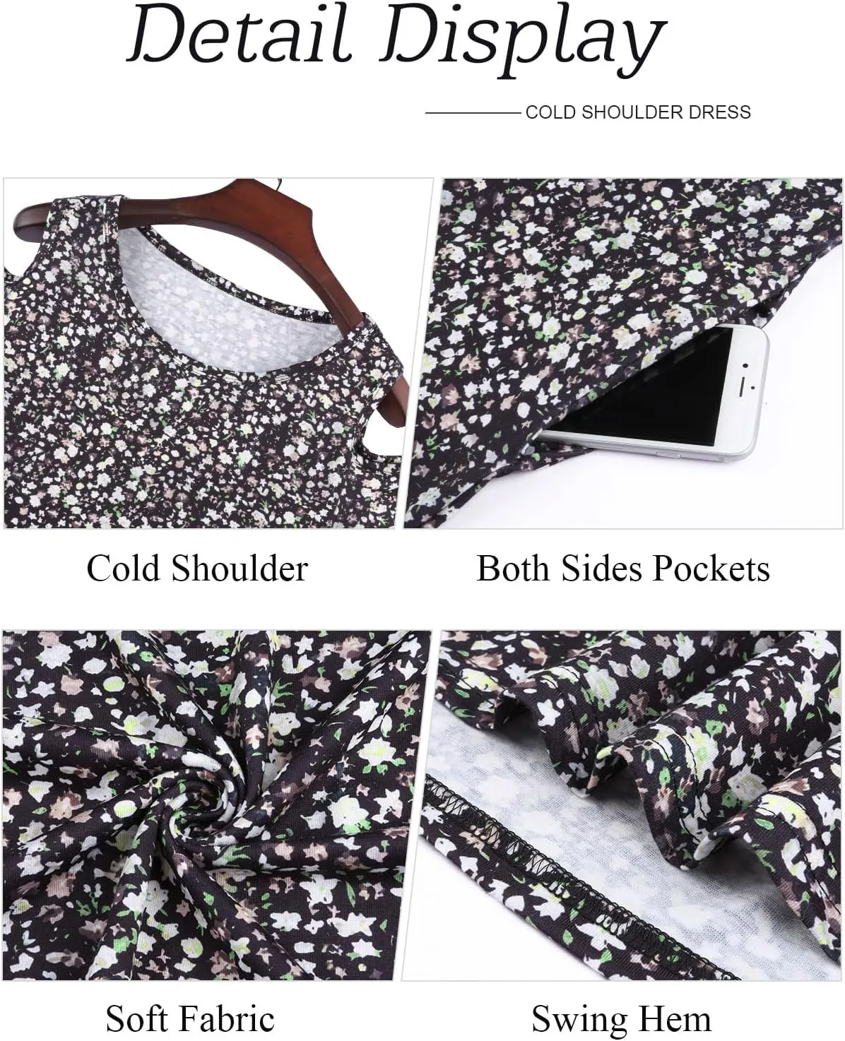 Tanst Sky Women Cold Shoulder Dress Floral Printed Short Sleeve Sundress with Pocket