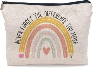 Teacher Colleagues Appreciation Retirement Gifts Makeup Bag,Never Forget The Difference You Make Boho Rainbow Cosmetic Makeup Bag,Retirement Coworker Leaving Gifts for Women