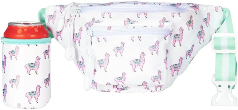 Tipsy Elves No Drama Llama Fanny Pack w/Drink Holder - White Waist Pack Fun Print - Small Travel Bag Secure Zipper Pocket for Storing Essentials