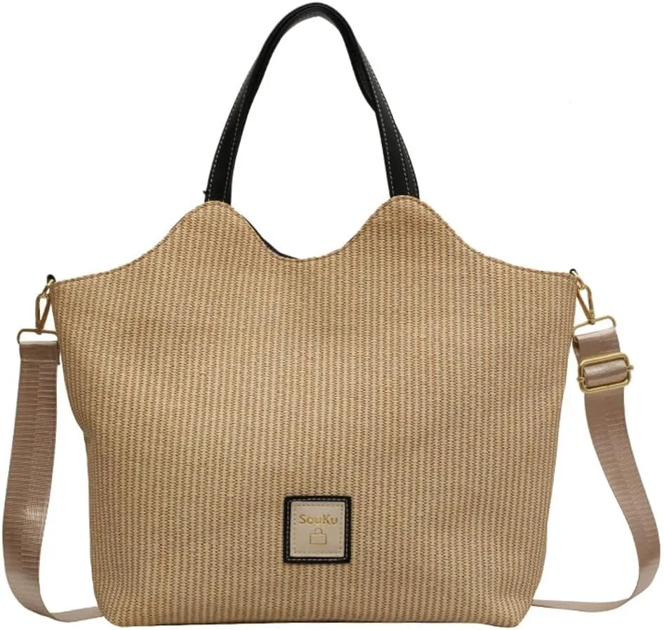 Tote Bag for Women Straw Hobo Bags Casual Woven Handbag PU Leather Shoulder Bag Large Casual