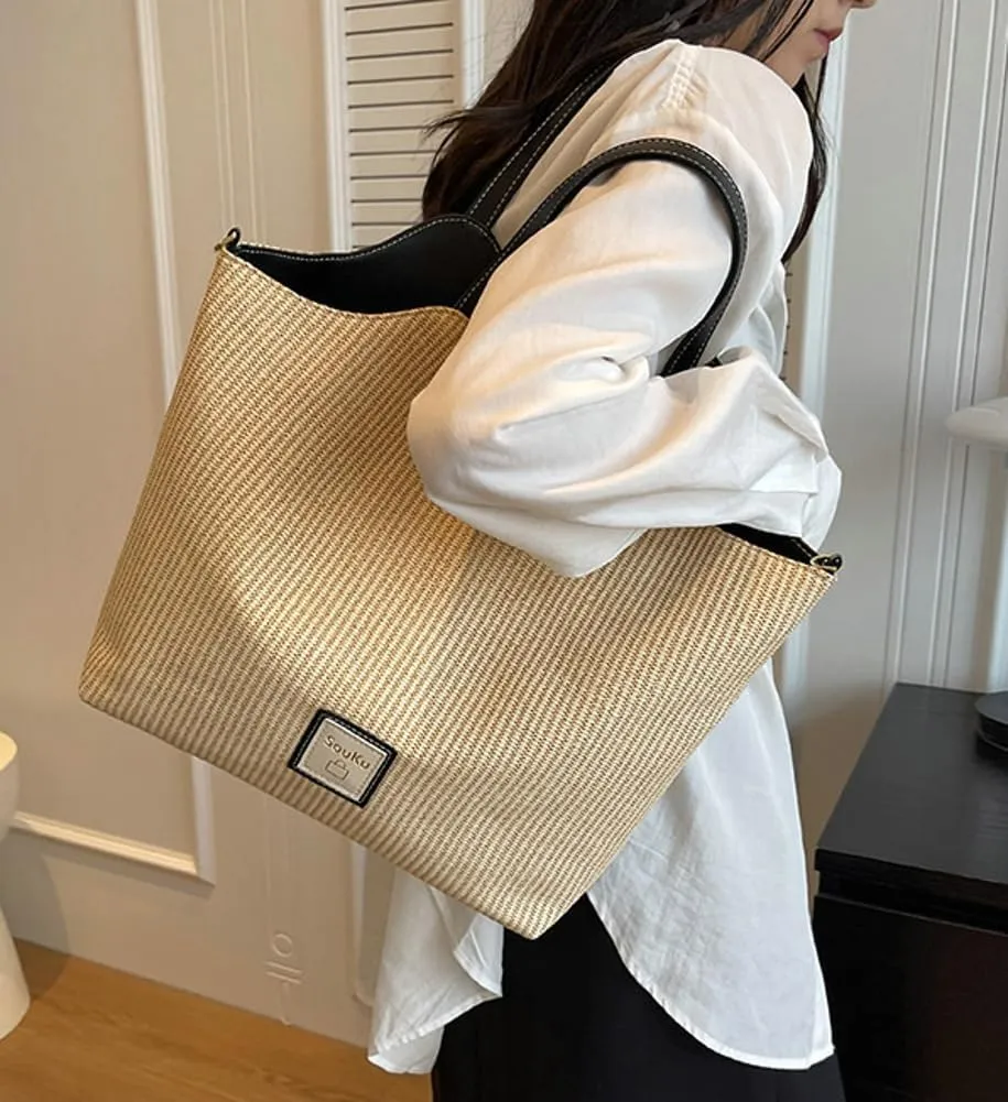 Tote Bag for Women Straw Hobo Bags Casual Woven Handbag PU Leather Shoulder Bag Large Casual