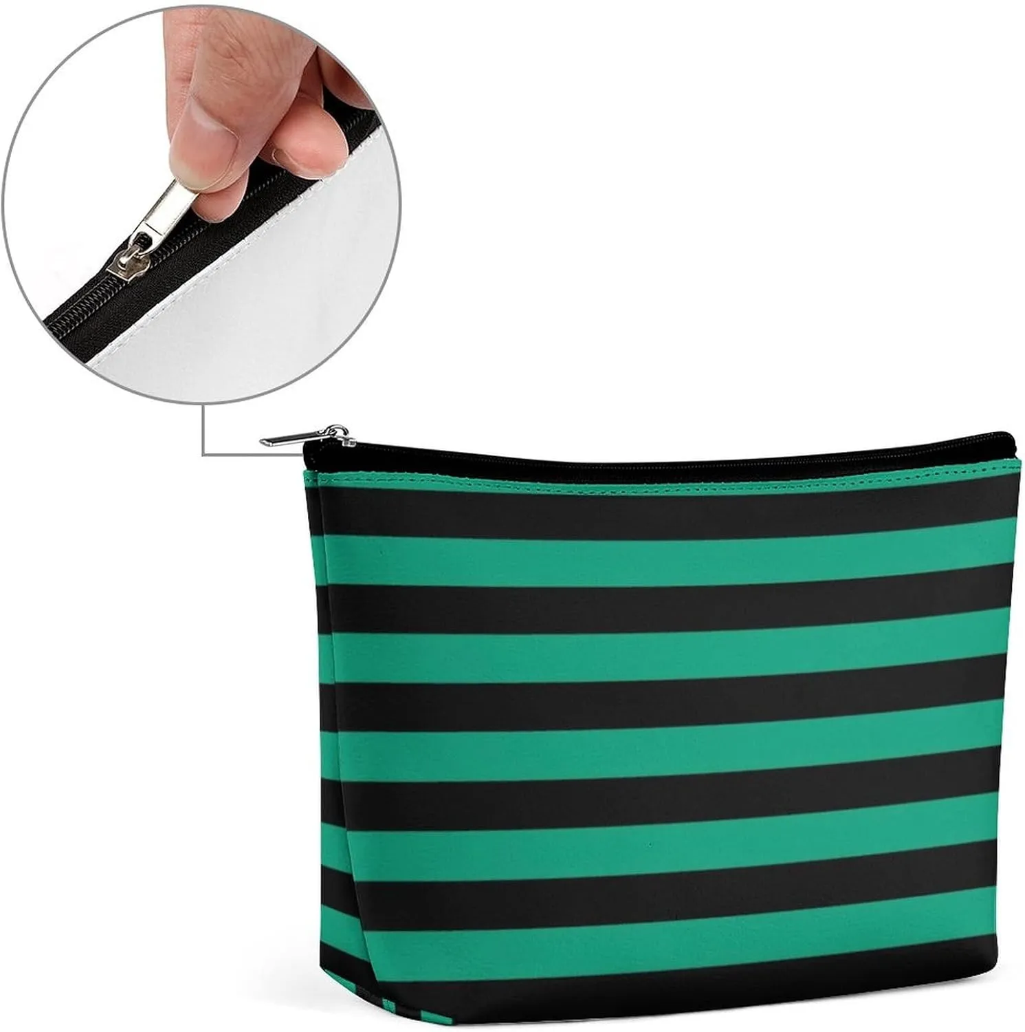 Travel Makeup Bag, Modern Emerald Green Black Stripes Pattern Cosmetic Bags for Women Large Capacity Waterproof Toiletry Pouch Make up Organizer
